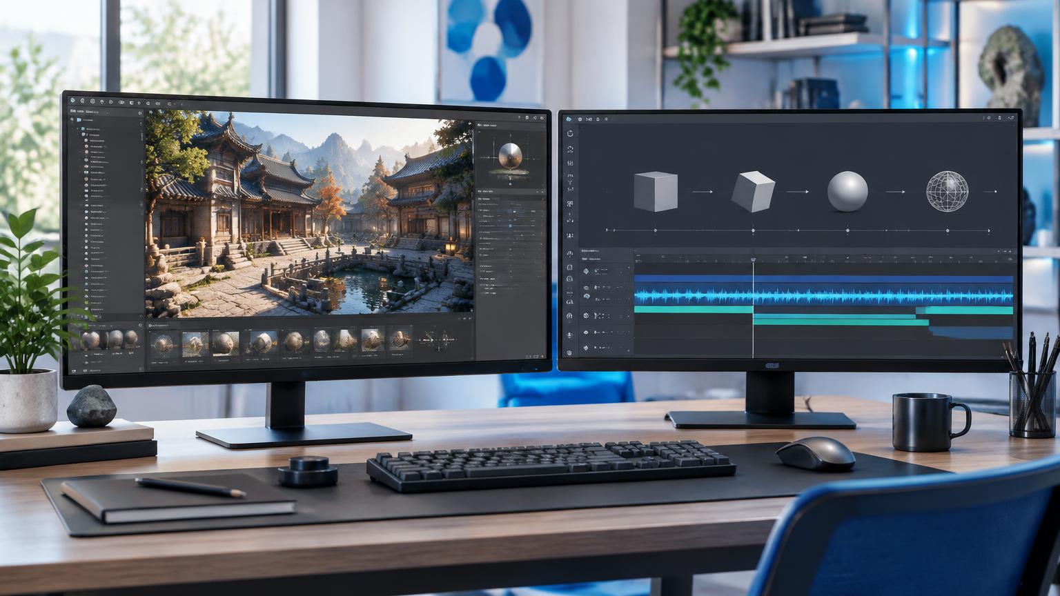 Illustration of a workstation with a Chinese-inspired 3D environment and an animation and audio timeline